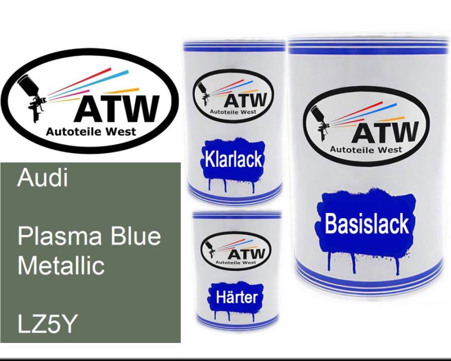 Audi, Plasma Blue Metallic, LZ5Y: 500ml Lackdose + 500ml Klarlack + 250ml Härter - Set, von ATW Autoteile West.